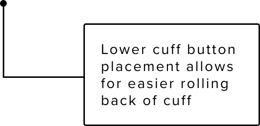 Lower cuff button placement allows for easier rolling back of cuff.